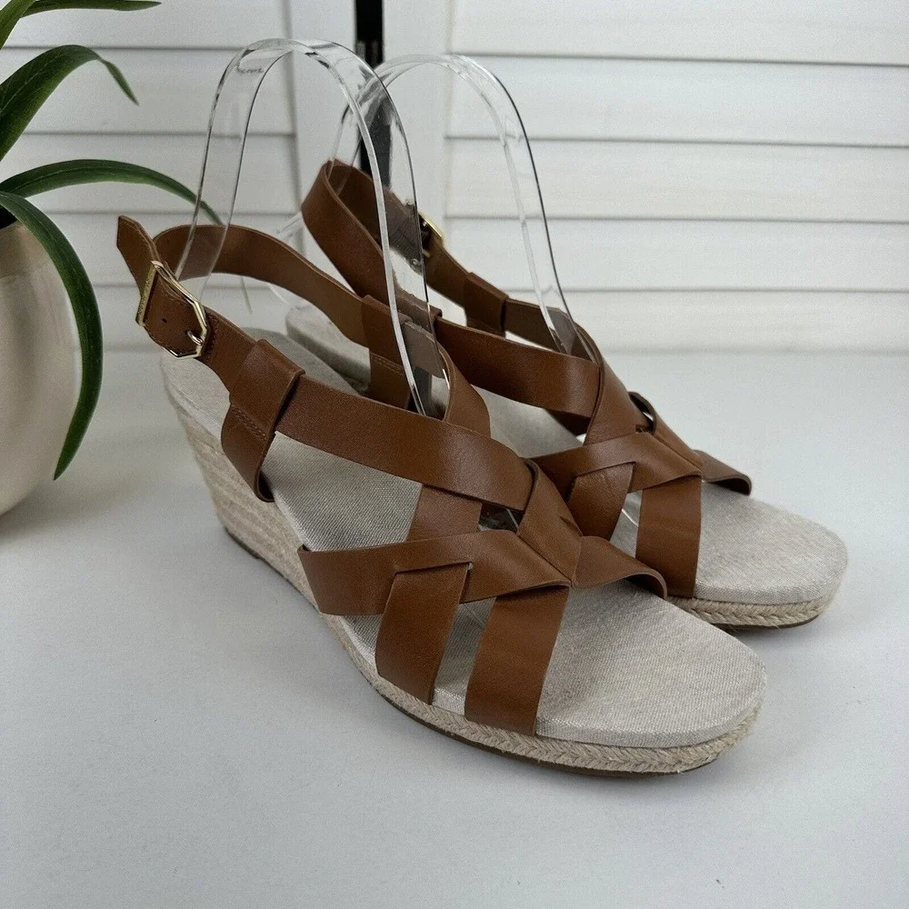 Cole Haan Grand 360 Crystal Espadrille Wedge Sandals Brown Leather Shoes Size 8B